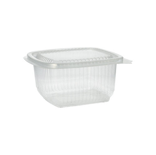 Paharul de ambalare Starpak 100 cu capace rabatabile, un pahar dreptunghiular transparent din polipropilenă al mărcii Starpak, este ilustrat pe un fundal alb.
