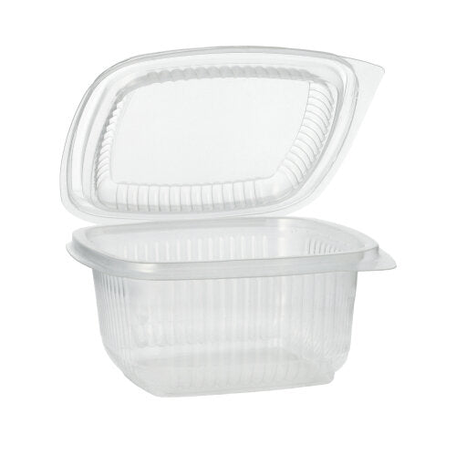 Un pahar de ambalare Starpak 100 transparent cu capace rabatabile din PP, dreptunghiular, este deschis și stă pe un fundal alb.