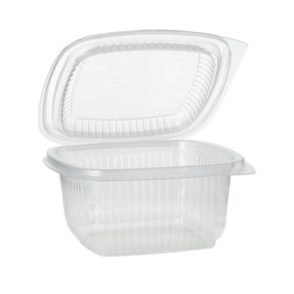 Un pahar de ambalare Starpak 100 transparent cu capace rabatabile din PP, dreptunghiular, este deschis și stă pe un fundal alb.