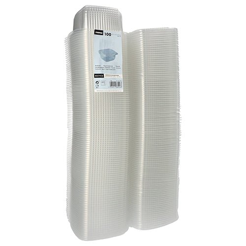 Un pachet de 100 de pahare de ambalare Starpak cu capace rabatabile, PP, dreptunghiular, transparent, este ambalat într-un ambalaj transparent cu o etichetă albă Starpak cu text negru și un cod de bare deasupra.