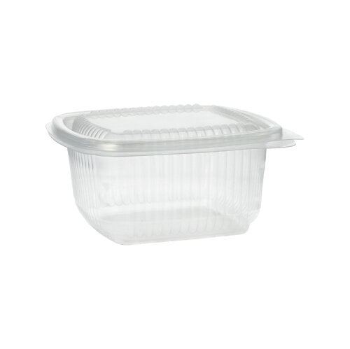 Un pahar de ambalare Starpak 100 transparent, dreptunghiular, cu capace rabatabile (PP) este închis și gol, ilustrat pe un fundal simplu alb.