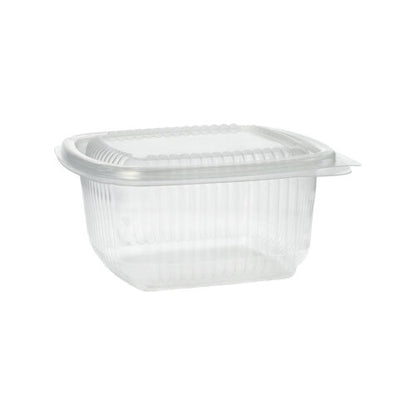 Un pahar de ambalare Starpak 100 transparent, dreptunghiular, cu capace rabatabile (PP) este închis și gol, ilustrat pe un fundal simplu alb.