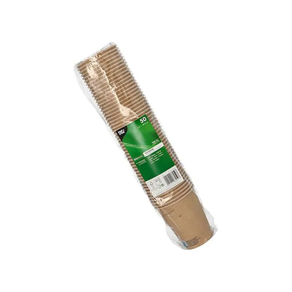 Un ambalaj din plastic transparent cu 50 de pahare de băut de la PAPSTAR GmbH, carton 0,2 l, cu o etichetă verde cu informații despre produs, este așezat pe un fundal alb simplu.