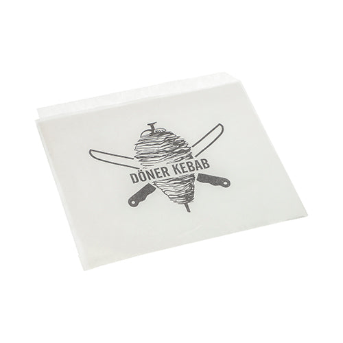 Pungile pentru kebab döner de 16x16 cm (albe, folie termocontractibilă, 1000 de bucăți) de la PAPSTAR GmbH au un suport de kebab cu cuțite încrucișate și inscripția "DÖNER KEBAB" - soluția ideală de ambalare pentru fast-fooduri.
