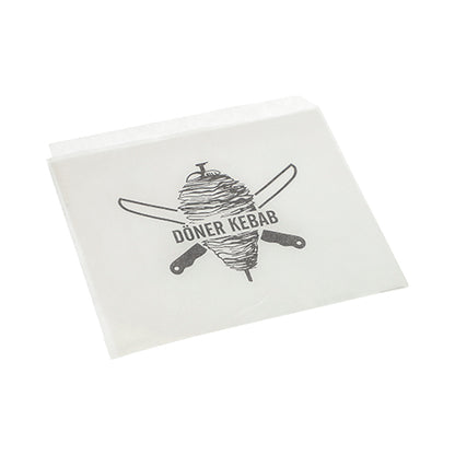 Pungile pentru kebab döner de 16x16 cm (albe, folie termocontractibilă, 1000 de bucăți) de la PAPSTAR GmbH au un suport de kebab cu cuțite încrucișate și inscripția "DÖNER KEBAB" - soluția ideală de ambalare pentru fast-fooduri.