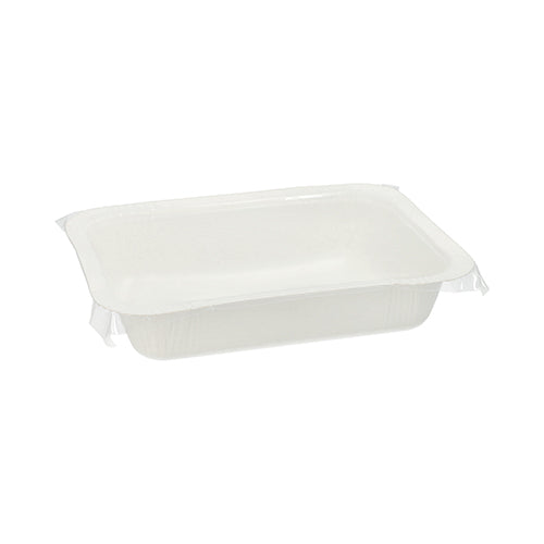 Un recipient alimentar alb, dreptunghiular Starpak 260 sigilat (530 ml, 3,7 x 13,7 x 18,1 cm, carton de unică folosință) pe un fundal simplu alb. Pachet de 260 de bucăți.
