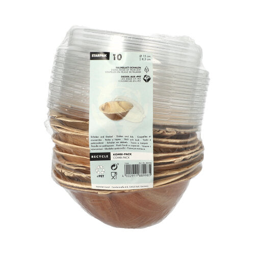 Starpak 10 boluri, din frunze de palmier cu capac rPET „Pachet combinat”: Un set de boluri de unică folosință ecologice cu capac din PET reciclat. Etichetele frontale arată simboluri de reciclare și informații despre produs.