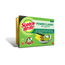 O cutie de bureți Scotch-Brite® Classic cu suprafață antiderapantă (2 bucăți), de la 3M Deutschland GmbH, cu bureți galbeni și strat abraziv verde. Cu performanță de curățare și design antiderapant, logo-ul 3M pe ambalaj.