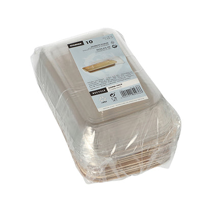 Un teanc de boluri Starpak 10, din frunze de palmier cu capac rPET „Pachet combinat” este învelit în folie de plastic. Recipientul de sus poartă o etichetă cu cod de bare, text și simboluri ecologice de reciclare.