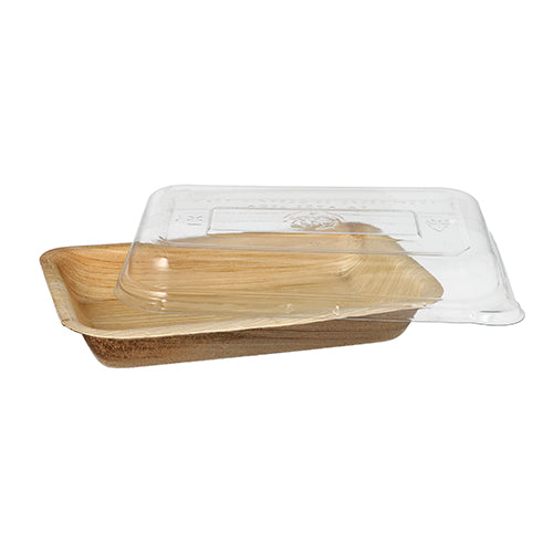 Pachetul combinat Starpak 10 boluri constă din boluri dreptunghiulare, plate, din frunze de palmier, de culoare maro deschis, cu un capac transparent din rPET, care acoperă parțial fiecare bol.
