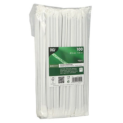 Un pachet cu 100 de paie de hârtie flexibile, ambalate individual, albe (Ø 6 mm, 20 cm) de la PAPSTAR GmbH. Ambalajul transparent afișează informațiile despre produs și certificările și subliniază materialul pe bază de biomasă.