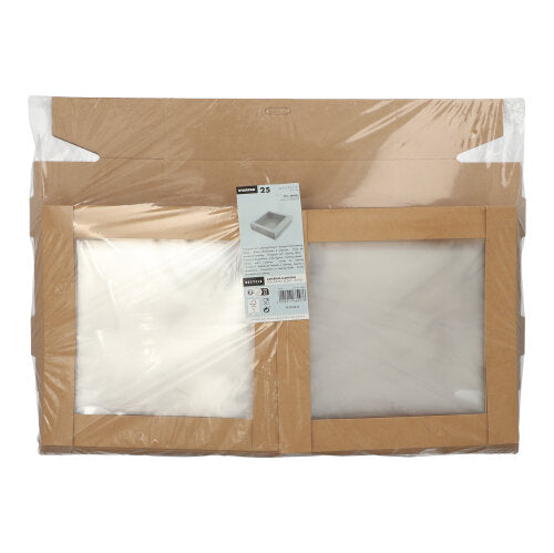 Un pachet cu 25 de cutii de transport și catering Starpak pătrate maro din carton cu capac separat și fereastră PET - soluție practică de ambalare, ideală pentru transport și catering.