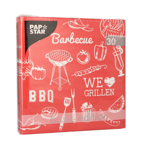 Un pachet roșu cu 30 de șervețele cu 3 straturi (33 x 33 cm, 1/4 pliat) de la PAPSTAR GmbH arată motive de grătar albe și texte precum „Barbecue”, „BBQ” și „Noi iubim grătarul”.