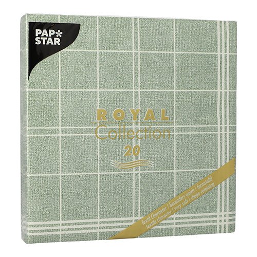 20 de șervețele PAPSTAR "ROYAL Collection" (1/4-pliere, 40x40 cm) de la PAPSTAR GmbH au un model cu carouri verzi și inscripție aurie, conțin 20 de șervețele pătrate per pachet de plastic - ideal pentru decorarea mesei.