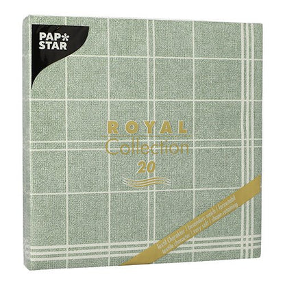 20 de șervețele PAPSTAR "ROYAL Collection" (1/4-pliere, 40x40 cm) de la PAPSTAR GmbH au un model cu carouri verzi și inscripție aurie, conțin 20 de șervețele pătrate per pachet de plastic - ideal pentru decorarea mesei.