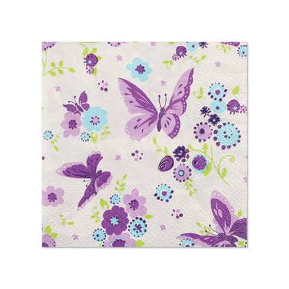 PAPSTAR 20 de șervețele (25 x 25 cm, 3 straturi, 1/4 pliere) de la PAPSTAR GmbH prezintă fluturi mov și flori albastre, mov și verzi pe alb – ideale pentru a adăuga farmec decorului mesei.