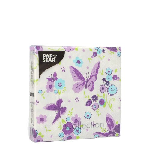 PAPSTAR șervețele în pachet de 20, 25x25 cm, 3 straturi, ideale pentru decorarea mesei, cu fluturi mov și flori albastre/mov pe un fundal alb. Pachetul pătrat arată parțial „Colecția“. Marca: PAPSTAR GmbH.
