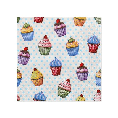 Cele PAPSTAR 20 de șervețele, 25 cm x 25 cm, 3 straturi ale PAPSTAR GmbH prezintă un fundal albastru deschis cu puncte și prăjituri colorate cu cireșe – perfecte pentru petreceri datorită designului lor fermecător și robust.