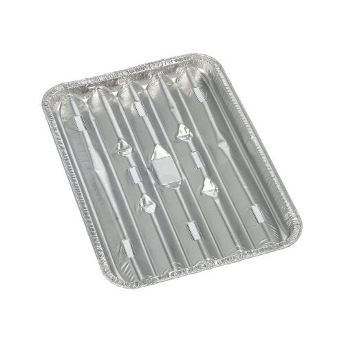 Fotografia arată o tavă de unică folosință din aluminiu dreptunghiulară (1,4 x 16,3 x 22,7 cm) de la Starpak 10 tăvi de grătar cu nervuri ridicate și margine ondulată din folie rezistentă pe un fundal alb. Pachetul conține 10 bucăți.