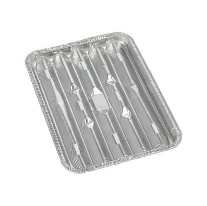 Fotografia arată o tavă de unică folosință din aluminiu dreptunghiulară (1,4 x 16,3 x 22,7 cm) de la Starpak 10 tăvi de grătar cu nervuri ridicate și margine ondulată din folie rezistentă pe un fundal alb. Pachetul conține 10 bucăți.