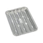 Fotografia arată o tavă de unică folosință din aluminiu dreptunghiulară (1,4 x 16,3 x 22,7 cm) de la Starpak 10 tăvi de grătar cu nervuri ridicate și margine ondulată din folie rezistentă pe un fundal alb. Pachetul conține 10 bucăți.