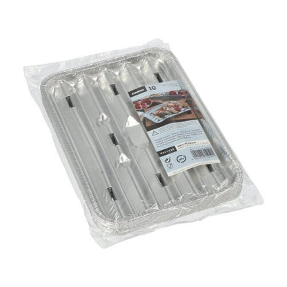 Un pachet cu 10 tăvi de grătar Starpak (aluminiu, dreptunghiular, 1,4 x 16,3 x 22,7 cm), sigilat în plastic transparent cu o etichetă superioară cu informații despre produs și imagini alimentare.