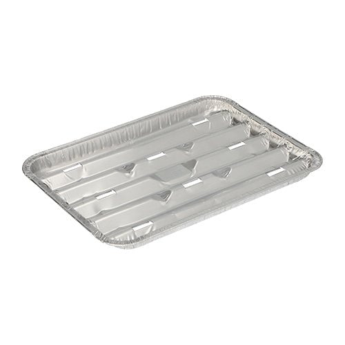 Tăvile de grătar Starpak 10 Alu dreptunghiulare (1,4 x 16,3 x 22,7 cm, 10 bucăți) au margini ridicate și colțuri rotunjite și sunt ideale ca tăvi de grătar de unică folosință. Imagine pe fundal alb.