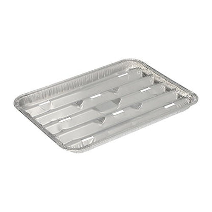 Tăvile de grătar Starpak 10 Alu dreptunghiulare (1,4 x 16,3 x 22,7 cm, 10 bucăți) au margini ridicate și colțuri rotunjite și sunt ideale ca tăvi de grătar de unică folosință. Imagine pe fundal alb.