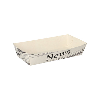 Cele 50 de tăvi pentru cartofi prăjiți albe „Newsprint” ale PAPSTAR GmbH au o formă dreptunghiulară cu un design de tipar de ziar și „News” pe o parte, ideale pentru petreceri cu grătar.