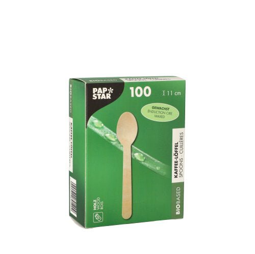 Cutia verde "Lingurițe de cafea din lemn 'pure', 11 cm, ceruite" a PAPSTAR GmbH conține 100 de lingurițe de cafea ecologice din lemn, fiecare având 11 cm lungime; pe partea din față a cutiei este ilustrat un motiv cu linguriță.