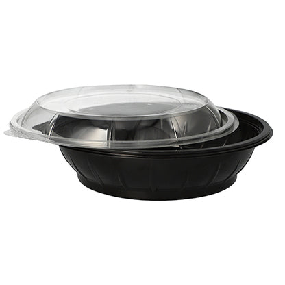 Auf weißem Hintergrund ist ein Starpak 25 Salatschalen PET-Lebensmittelbehälter, 1000 ml, Ø 21,8 cm, 6 cm hoch in Schwarz mit einem klaren „Snap It“ R-PET-Deckel (25 Stück) abgebildet.