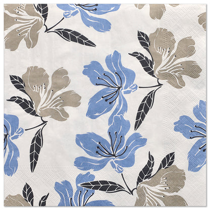 PAPSTAR 20 de șervețele (40 cm x 40 cm, 3 straturi, pliere 1/4) de la PAPSTAR GmbH prezintă un model floral albastru-bej repetitiv cu frunze și tulpini negre pe fundal alb, adăugând eleganță fiecărei mese aranjate.