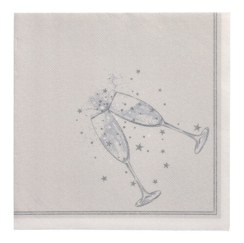 Setul de 20 de șervețele PAPSTAR „ROYAL Collection” (40x40 cm, pliere 1/4) de la PAPSTAR GmbH este un șervețel alb cu margine gri, decorat cu două pahare de șampanie și motive stelare. Fabricat dintr-un material premium moale și elegant.