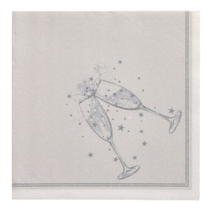 Setul de 20 de șervețele PAPSTAR „ROYAL Collection” (40x40 cm, pliere 1/4) de la PAPSTAR GmbH este un șervețel alb cu margine gri, decorat cu două pahare de șampanie și motive stelare. Fabricat dintr-un material premium moale și elegant.