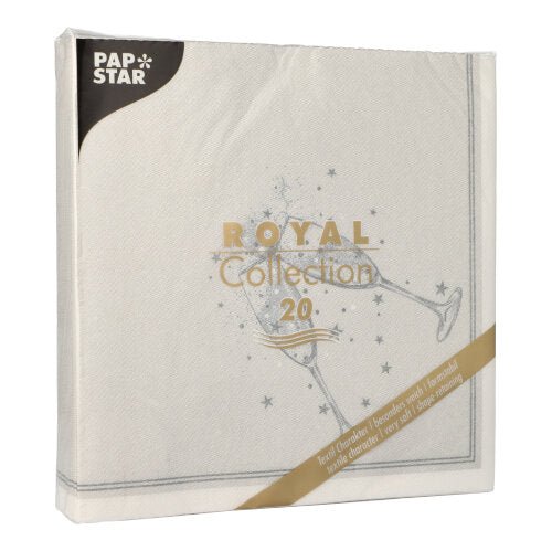 20 de șervețele PAPSTAR GmbH "ROYAL Collection" (1/4-pliere, 40x40cm) vin într-un pachet alb pătrat cu un design minimalist de pahar de șampanie - perfect pentru o decorare stilată a mesei.
