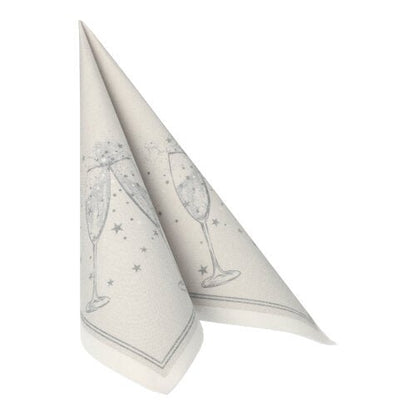 Servetelele PAPSTAR GmbH 20 "ROYAL Collection" (1/4-pliuri, 40x40 cm) prezintă un șervețel alb cu două pahare de șampanie care se ating, stele, bule de săpun și un chenar îngust - o decorațiune ideală pentru masă.
