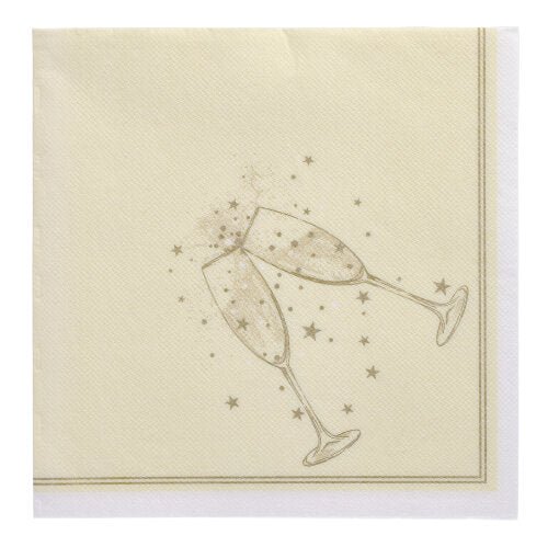 Cele PAPSTAR 20 de șervețele "ROYAL Collection" 1/4 pliere 40x40 cm de la PAPSTAR GmbH prezintă un design bej cu două pahare de șampanie care se ciocnesc, margine aurie și mici stele aurii - ideal pentru o decorațiune de masă elegantă.