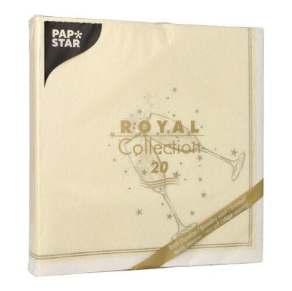 Un pachet PAPSTAR de 20 de șervețele "ROYAL Collection" 1/4-pliere (40x40 cm) de la PAPSTAR GmbH, crem cu un design de pahar de șampanie și stele aurii, se remarcă printr-un ambalaj în mare parte transparent cu certificare FSC.