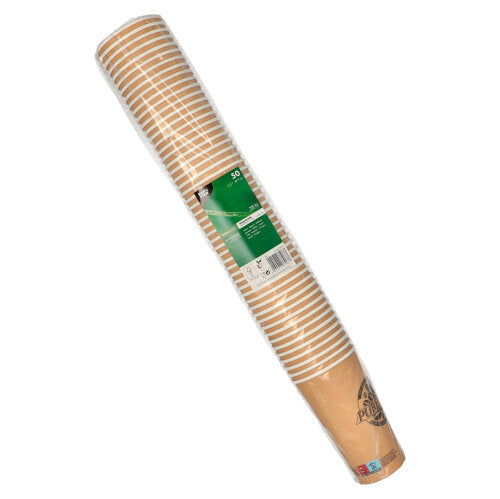 Un teanc de 50 PAPSTAR pahare de carton de 0,5 l de la PAPSTAR GmbH, ambalate în folie transparentă cu o etichetă verde-albă cu informații despre produs.