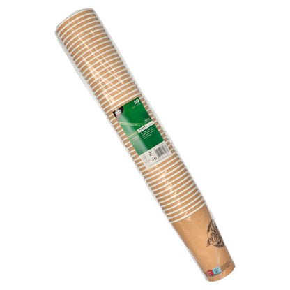 Un teanc de 50 PAPSTAR pahare de carton de 0,5 l de la PAPSTAR GmbH, ambalate în folie transparentă cu o etichetă verde-albă cu informații despre produs.