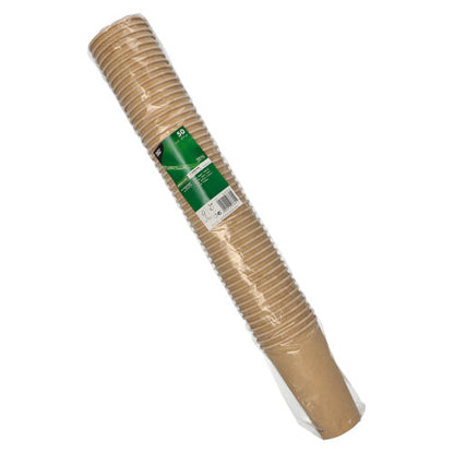 Un ambalaj din plastic sigilat cu 50 de pahare de carton maro (fiecare de 0,5 l) de la PAPSTAR GmbH, cu etichetă verde-albă și detalii despre produs.