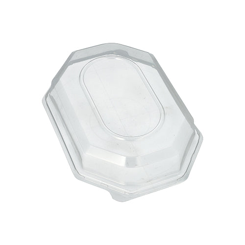 Capacul Starpak 10 pentru platouri de servire este un capac PET octogonal transparent, clar, cu un centru oval ridicat, conceput pentru a menține prospețimea optimă a alimentelor și este prezentat pe un fundal alb.