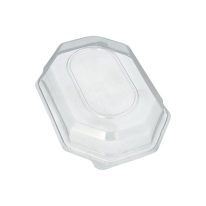 Capacul Starpak 10 pentru platouri de servire este un capac PET octogonal transparent, clar, cu un centru oval ridicat, conceput pentru a menține prospețimea optimă a alimentelor și este prezentat pe un fundal alb.
