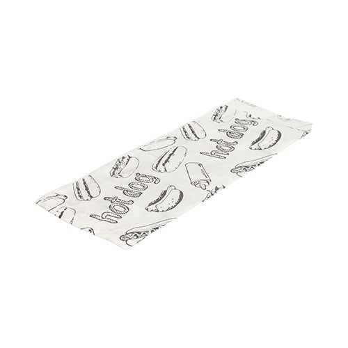 Imaginea prezintă un ambalaj de hârtie plat, alb PAPSTAR pentru hot dog (21x8,5 cm) cu desen în linii negre de hot dog și textul "Hot Dog" din pachetul de 1000 de la PAPSTAR GmbH pe un fundal alb.