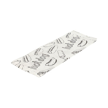Imaginea prezintă un ambalaj de hârtie plat, alb PAPSTAR pentru hot dog (21x8,5 cm) cu desen în linii negre de hot dog și textul "Hot Dog" din pachetul de 1000 de la PAPSTAR GmbH pe un fundal alb.