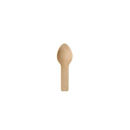 Un singur PAPSTAR linguriță de lemn "pure" pentru fingerfood, 7,6 cm de la PAPSTAR GmbH, cu un mâner scurt și plat și o cupă rotunjită, este plasată central pe un fundal alb simplu.