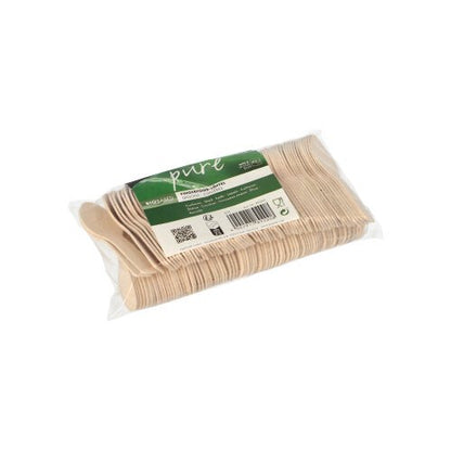 Un pachet transparent PAPSTAR de lingurițe de lemn "pure" pentru fingerfood, 7,6 cm, 150 bucăți, cu etichetă verde-albă - un tacâm ecologic ideal de la PAPSTAR GmbH pentru gustări la petreceri sau evenimente.