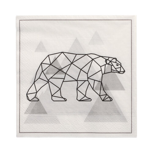 Cele PAPSTAR 20 de șervețele de la PAPSTAR GmbH sunt șervețele cu 3 straturi (33 x 33 cm, 1/4 pliere) cu un motiv geometric de urs polar negru și triunghiuri gri pe alb, accentuate de o margine subțire neagră.