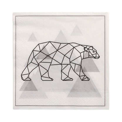 Cele PAPSTAR 20 de șervețele de la PAPSTAR GmbH sunt șervețele cu 3 straturi (33 x 33 cm, 1/4 pliere) cu un motiv geometric de urs polar negru și triunghiuri gri pe alb, accentuate de o margine subțire neagră.