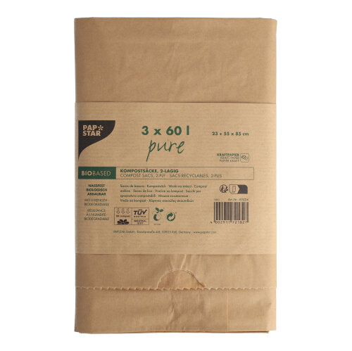 Este ilustrat un pachet de 3 PAPSTAR saci de compost din hârtie „pure”, 60 l, cu 2 straturi, maro cu banderolă și informații despre produs/imprimeuri de reciclare ale PAPSTAR GmbH pe un fundal alb. Fiecare sac de hârtie poate conține până la 60 de litri de deșeuri organice.